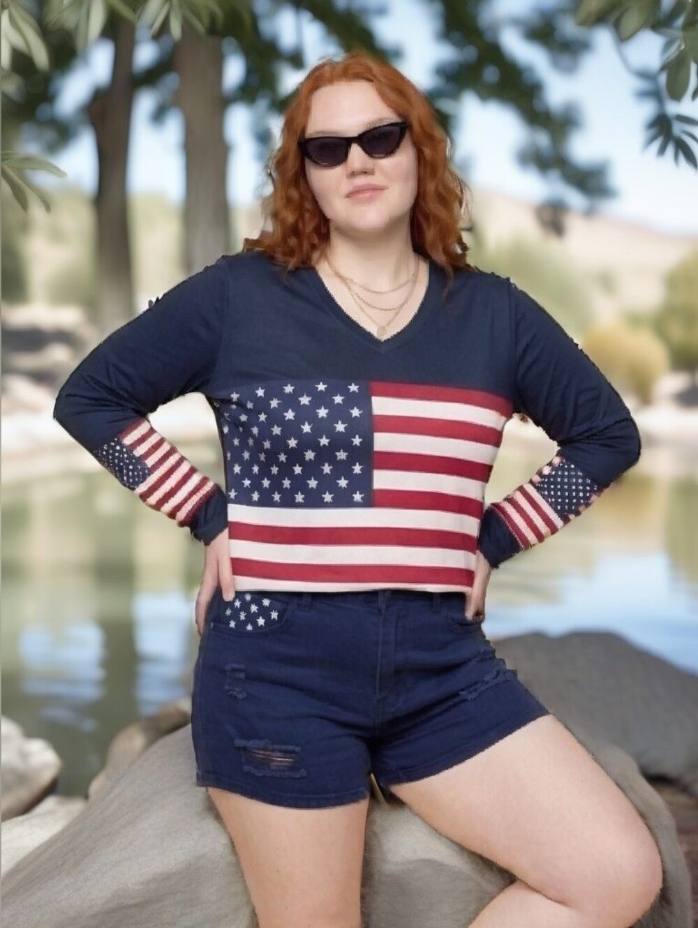 Patriotic Navy Blue Top with Flag Design 2X